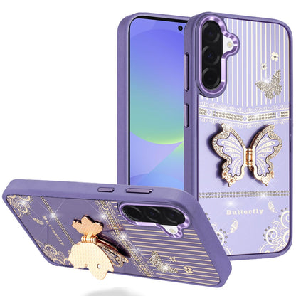 Phone Case for Samsung Galaxy A37 / A36 Glitter Bling Butterfly Stand Metallic Edge Hybrid Shockproof Grip Durable Camera Protection Stylish Design Cover Purple