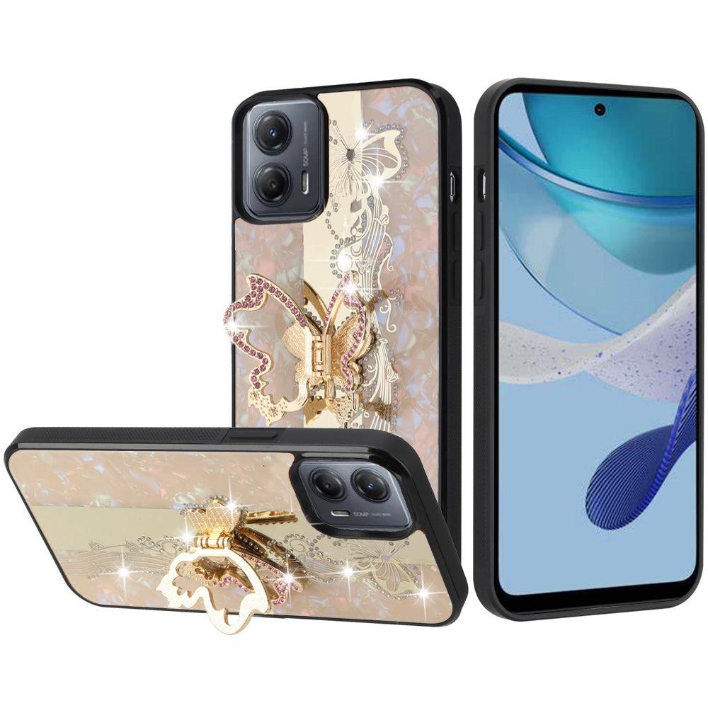 For Motorola Moto G 5G 2025 Diamonds 3D Butterfly Bling Sparkly Glitter Ornaments Engraving Hybrid with Stand Fashion Case Cover Enchanted Butterfly Gold