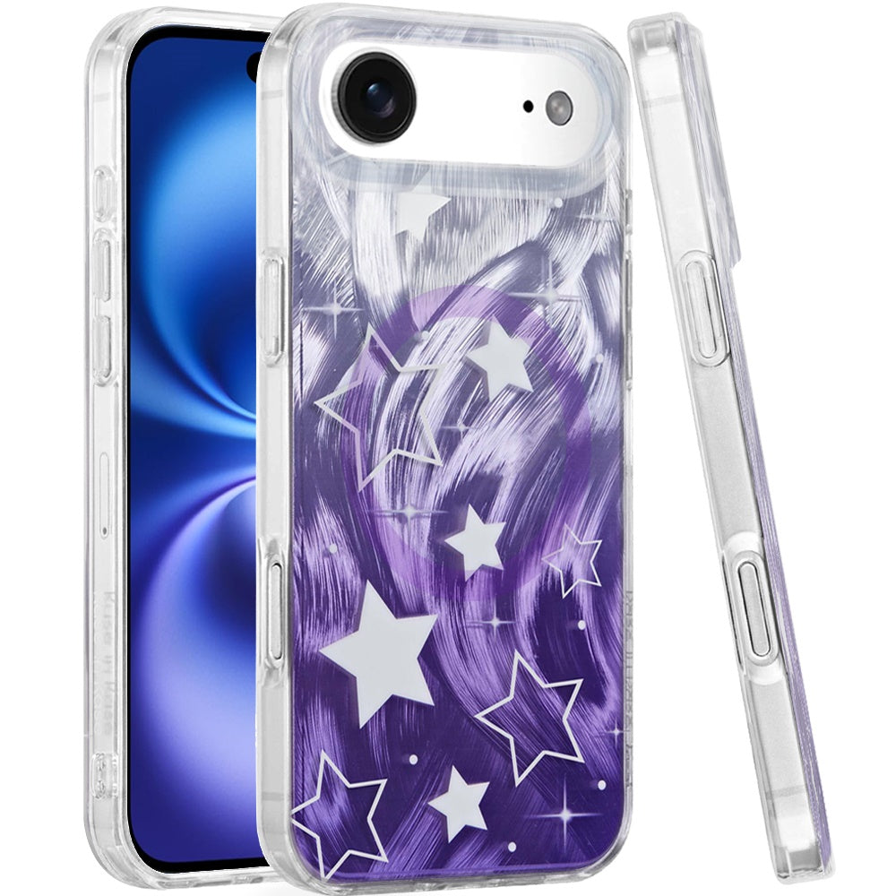 For Apple iPhone 17 Stylish Pattern Fashion IMD Printed Design TPU Double Layer Slim Shockproof with Magnetic Back Case Cover Gradient Purple Star