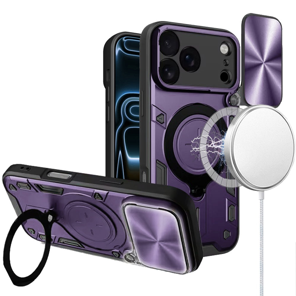 Phone Case for Apple iPhone 18 Pro Magnetic Ring Stand Shockproof Hybrid Full Camera Slide Guard Anti Slip Heavy Duty Protective Armor Cover Purple