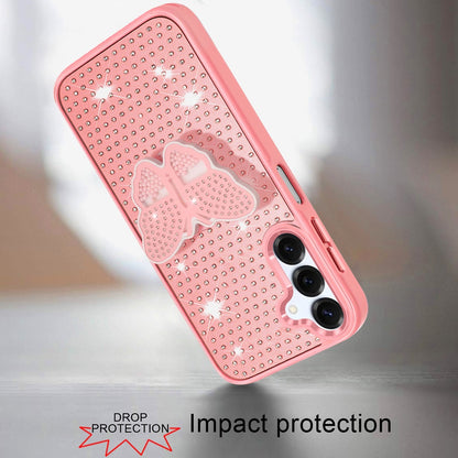 Phone Case for Samsung Galaxy A16 5G Butterfly Grip Pop Stand Diamond Sparkle Hybrid Shockproof Metal Button Slim Protective Grip Decorative Design Cover Pink
