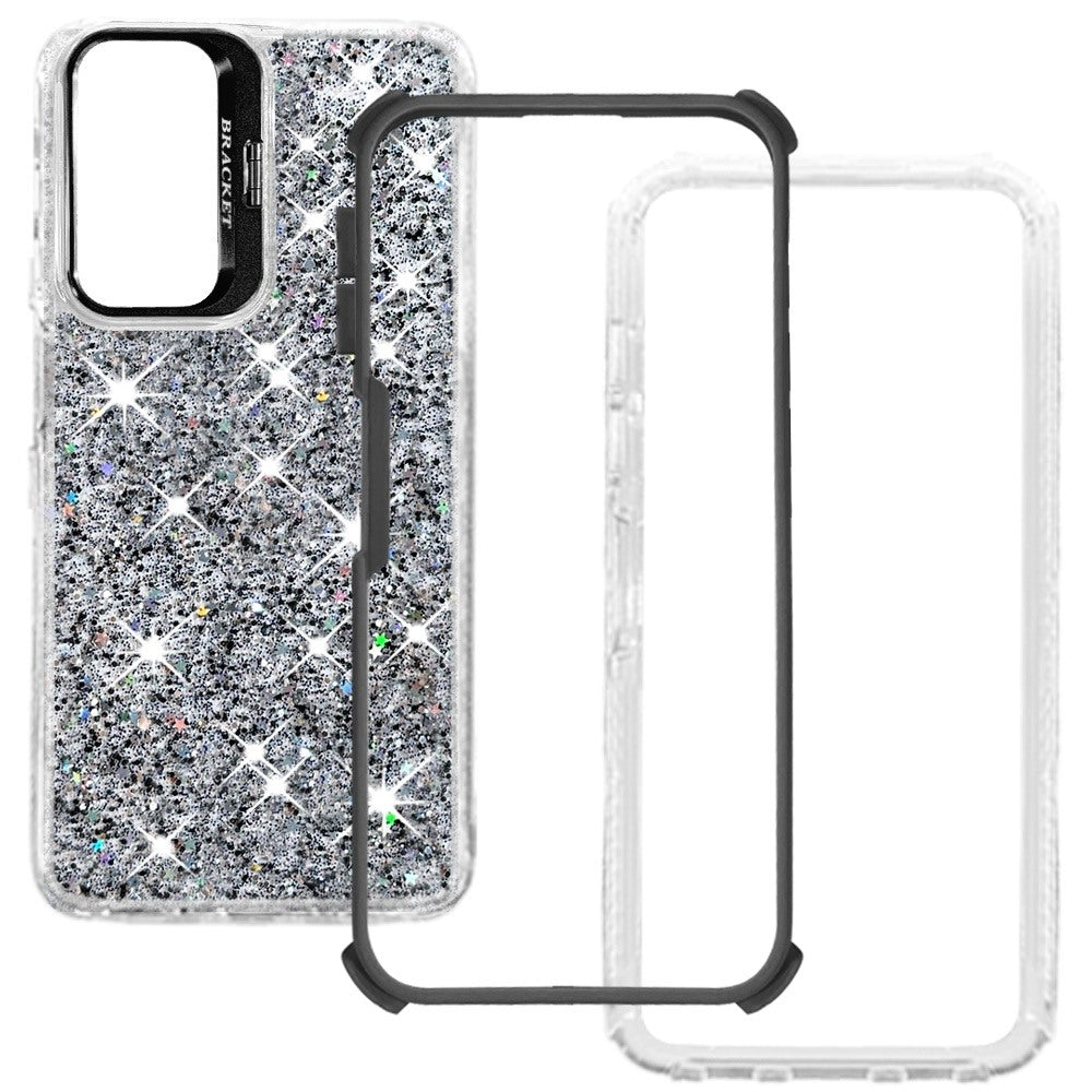 Phone Case for Galaxy A17 5G Luxury Bling Scattered Glitter Hybrid Dual Layers with Integrated Camera Stand and Sparkle Finish Design Cover