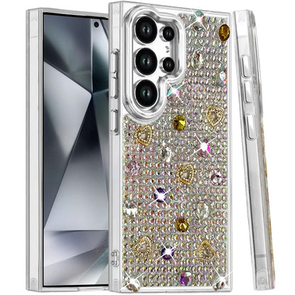 Phone Case for Samsung Galaxy S24 Ultra Chrome Fashion Hybrid Bling Diamond Heart Rhinestone Decorative Stones Sparkling Embellished Design Cover