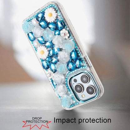 Phone Case for Apple iPhone 13 Pro Max Full Bling Rhinestone Glitter Floral Luxury Hybrid Shockproof Stylish Sparkling Protective Designer Ornament Cover Blue