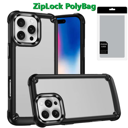 For Apple iPhone 16 Pro Hybrid Transparent Rubber with Metal Buttons & Camera Edges Hard TPU Corner Frame Bumper Case Cover Black