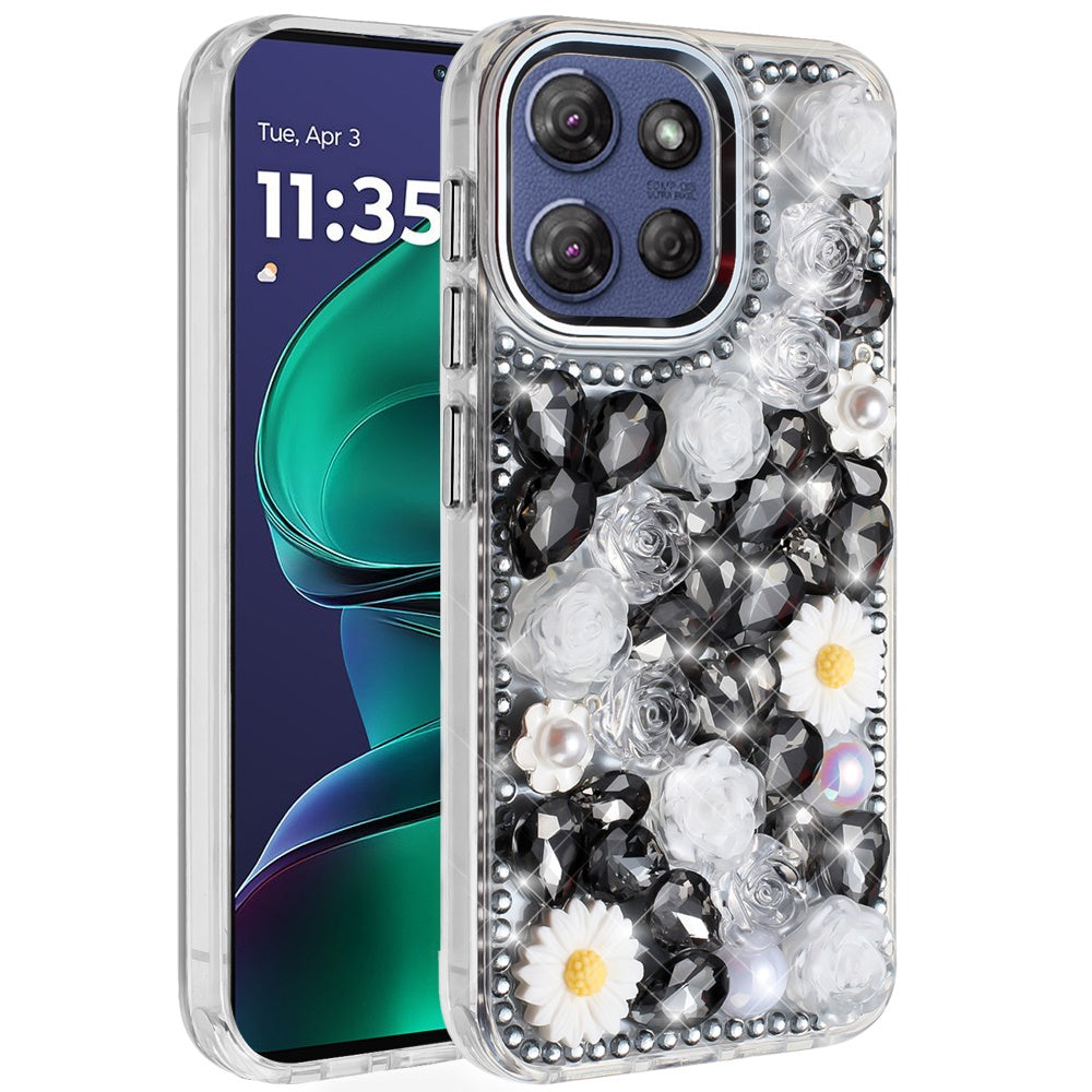 For Motorola Moto G 5G 2026/2025 Fashion Daisy Floral Series, Full 3D Bling Crystal Diamonds Sparkling Rhinestone Glitter Hybrid Design Case Cover White