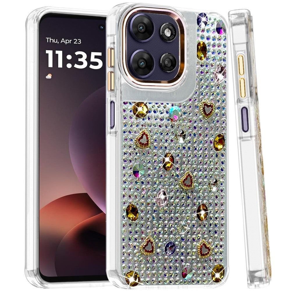 Phone Case for Moto G Power 5G (2026/2025) Chrome Fashion Hybrid Bling Diamond Heart Rhinestone Decorative Stones Sparkling Embellished Design Cover
