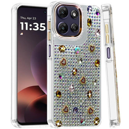 Phone Case for Moto G Power 5G (2026/2025) Chrome Fashion Hybrid Bling Diamond Heart Rhinestone Decorative Stones Sparkling Embellished Design Cover