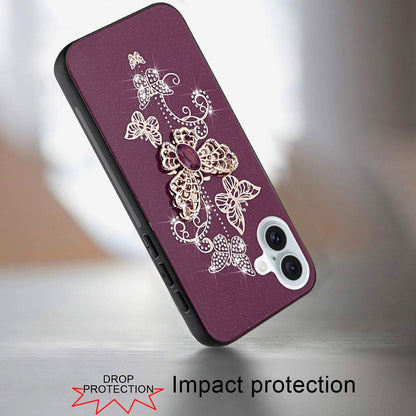 Phone Case for Apple iPhone 18 Diamond Glitter 3D Butterfly Engraved Luxury Bling Hybrid Shockproof Chrome Edge Protective Durable Grip Cover Purple