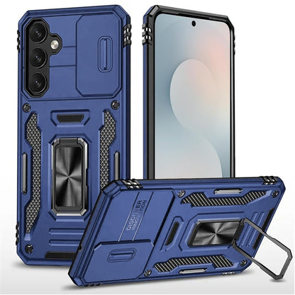 Phone Case for Samsung Galaxy S26 Tough Metal Ring Shockproof Sliding Camera Window Hybrid Armor Rugged Anti Slip Heavy Duty Grip Cover Blue