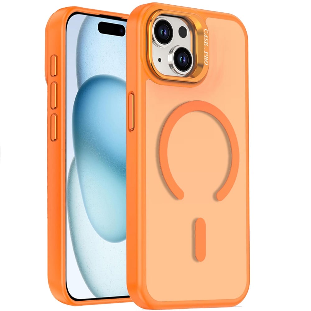 For iPhone 15 Plus (6.7") MagSafe Compatible Matte Metallic Stand TPU Hybrid Drop Protection Camera Kickstand Case Cover Cosmic Orange