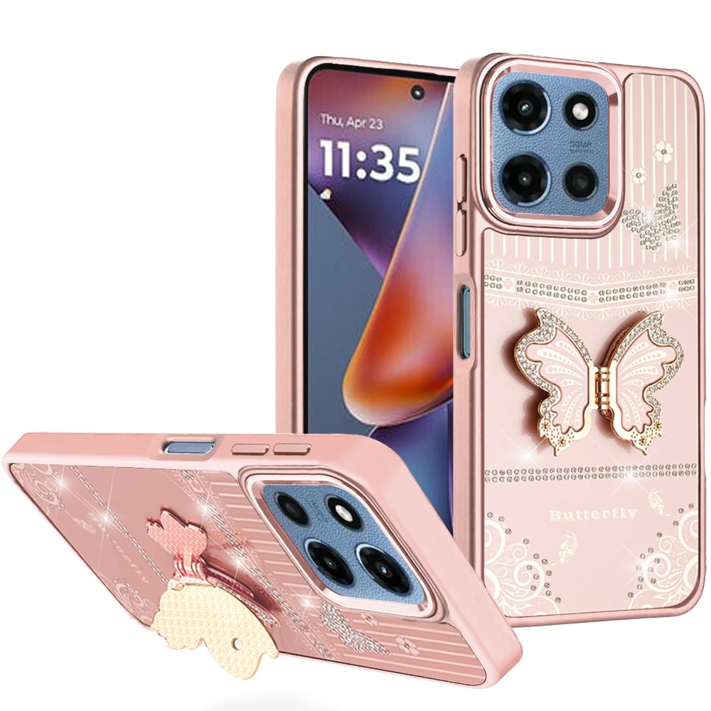 Phone Case for Motorola Moto G 5G 2026 / 2025 Glitter Bling Butterfly Stand Metallic Edge Hybrid Shockproof Grip Durable Camera Protection Stylish Design Cover Rose Gold