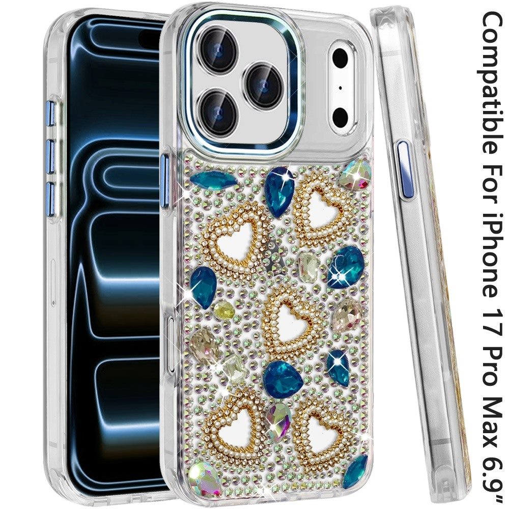 Phone Case for Apple iPhone 17 Pro Max Luxury Crystal Heart Rhinestone Diamond Bling Shockproof Hybrid Glitter Protective Stylish Durable Grip Cover