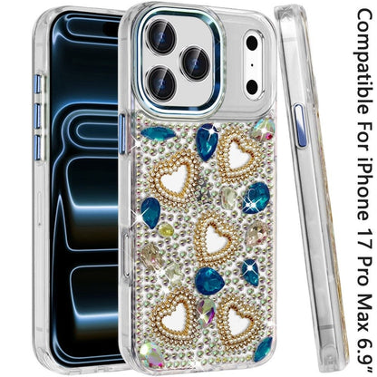 Phone Case for Apple iPhone 17 Pro Max Luxury Crystal Heart Rhinestone Diamond Bling Shockproof Hybrid Glitter Protective Stylish Durable Grip Cover
