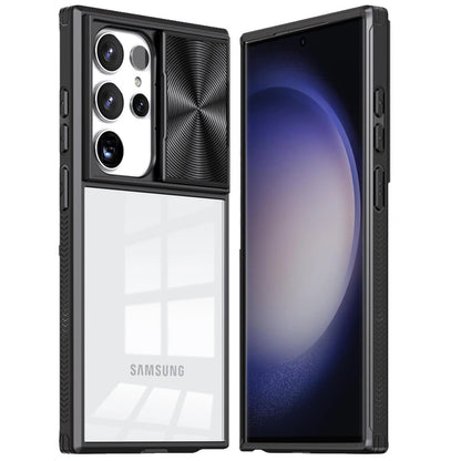 Phone Case for Samsung Galaxy S24 Ultra Clear Transparent Back with Sliding Camera Hybrid Shockproof Slim Protective Durable Colorful Frame Cover Black