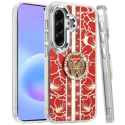 Phone Case for Samsung Galaxy A57 Floral Butterfly Ring Stand Glitter Bling Shockproof Hybrid Luxury Fashion Protective Anti Slip Durable Grip Cover