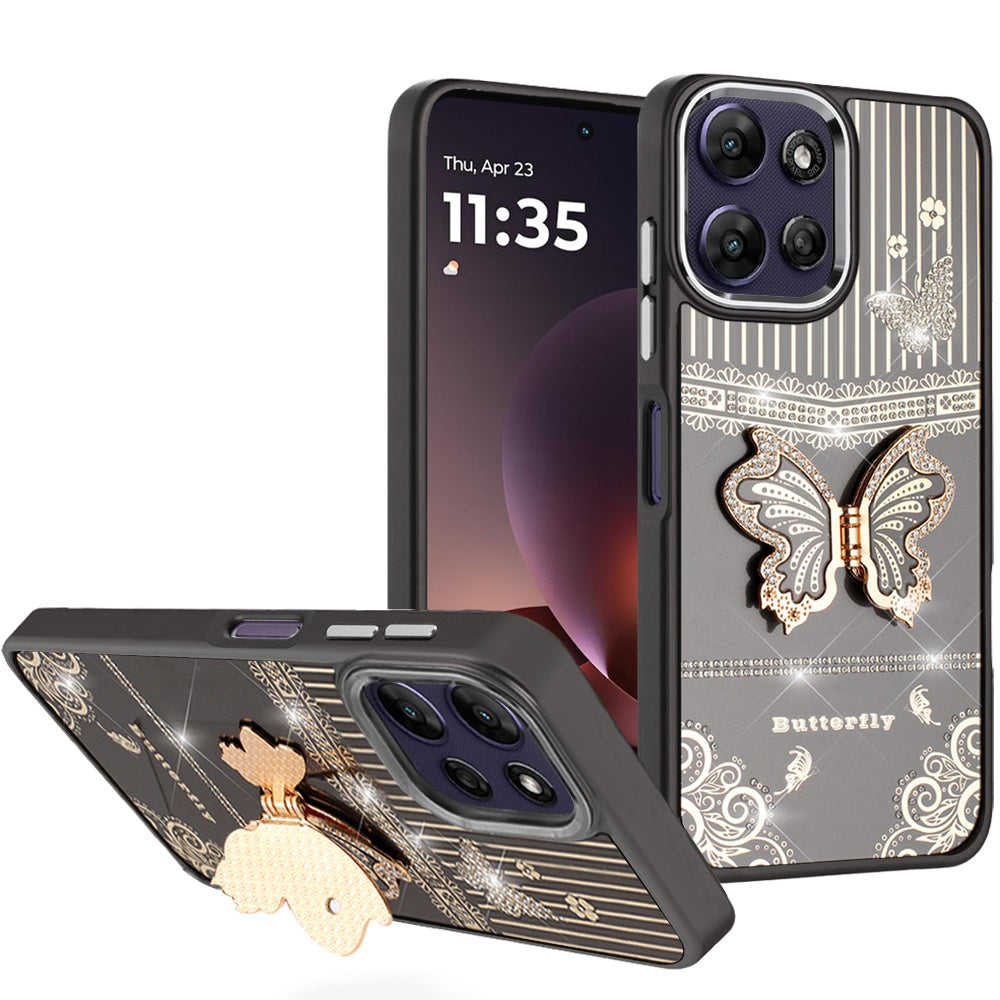 Phone Case for Motorola Moto G Power 5G 2026 /2025 Glitter Bling Butterfly Stand Metallic Edge Hybrid Shockproof Grip Durable Camera Protection Stylish Design Cover