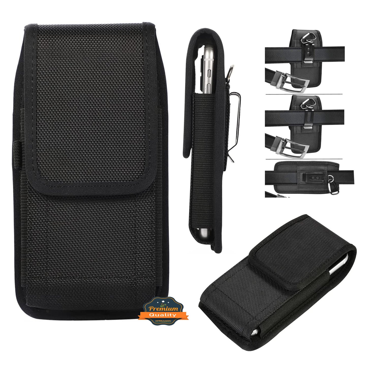 For Apple iPhone 16 Pro (6.3") Nylon Canvas Fabric Waist Belt Holster Vertical Pouch Holds Large Phone Works with Thick Cases Universal Cover [Black]
