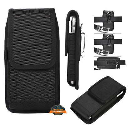 For Apple iPhone 16 Pro (6.3") Nylon Canvas Fabric Waist Belt Holster Vertical Pouch Holds Large Phone Works with Thick Cases Universal Cover [Black]