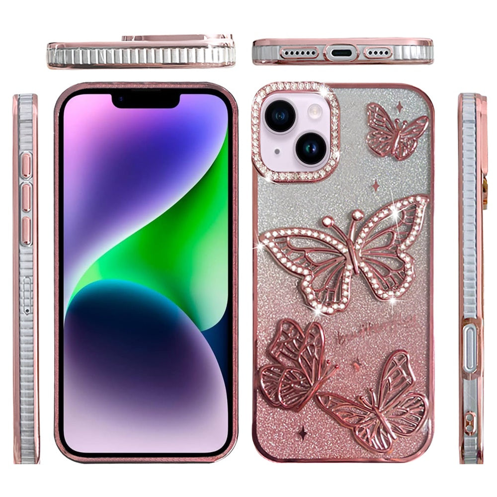 For Apple iPhone 17E /16E Luxury Butterfly Sparkle Glitter Diamond Crystal Rhinestone Shimmer Bling Plating Thick TPU Hard PC Case Cover Rose Gold