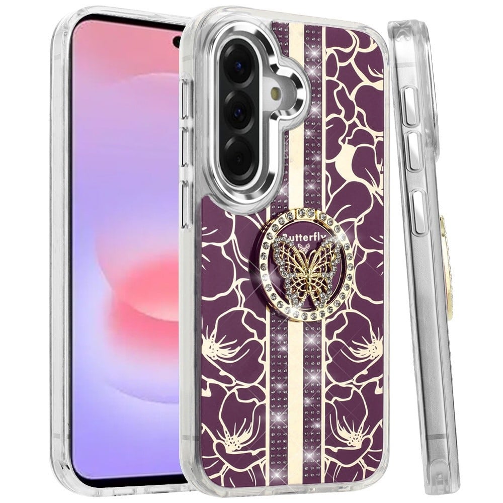 Phone Case for Samsung Galaxy A37 / A36 Floral Butterfly Ring Stand Glitter Bling Shockproof Hybrid Luxury Fashion Protective Anti Slip Durable Grip Cover Purple