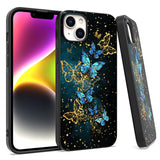For Apple iPhone 15 Plus (6.7") Marble Fashion Stylish Flake Glitter Bling Hybrid Glossy TPU Rubber Hard PC Protection Butterfly Phone Case Cover