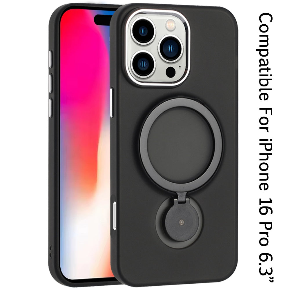 For Apple iPhone 16 Pro (6.3") MagSafe Compatible with 360 degree Circle Ring Stand Magnetic Kickstand Slim Hybrid Case Cover