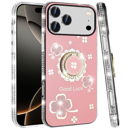 For Apple iPhone 17 Pro Max (6.9") Diamonds Bling All Around Edges Sparkly Glitter Hybrid with Ring Stand Holder Fashion Good Luck Case Cover