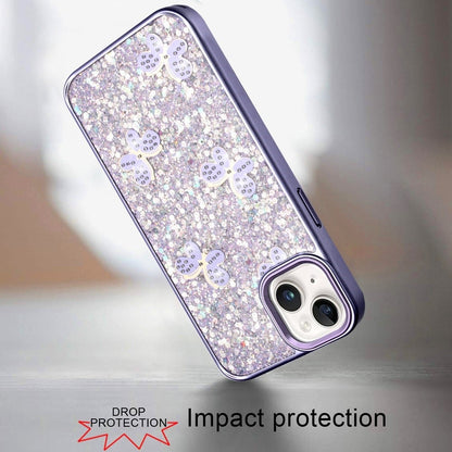Phone Case for Apple iPhone 15 Cute Butterfly Diamond Glitter Metallic Hybrid Shockproof Shimmer Grip Stylish Protective Luxury Designer Cover Purple