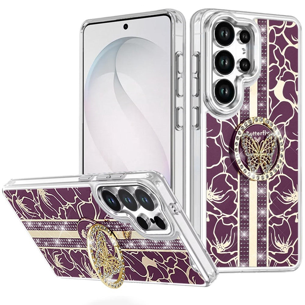 Phone Case for Samsung Galaxy S26 Ultra Floral Butterfly Ring Stand Glitter Bling Shockproof Hybrid Luxury Fashion Protective Anti Slip Durable Grip Cover Purple