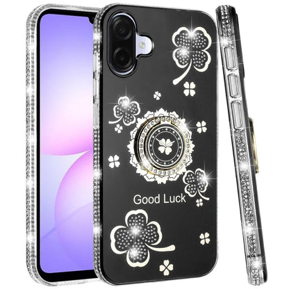 For Samsung Galaxy A07 Diamonds Bling All Around Edges Sparkly Glitter Hybrid with Ring Stand Holder Fashion Good Luck Case Cover