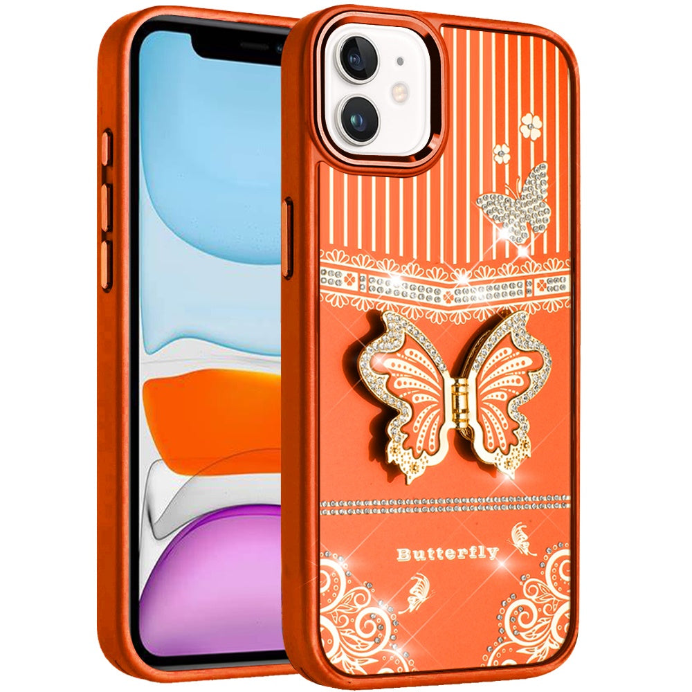 For Apple iPhone 11 Glitter 3D Butterfly Design Bling Metallic Edge Hybrid Stand Drop Protection TPU Shockproof Case Cover Cosmic Orange