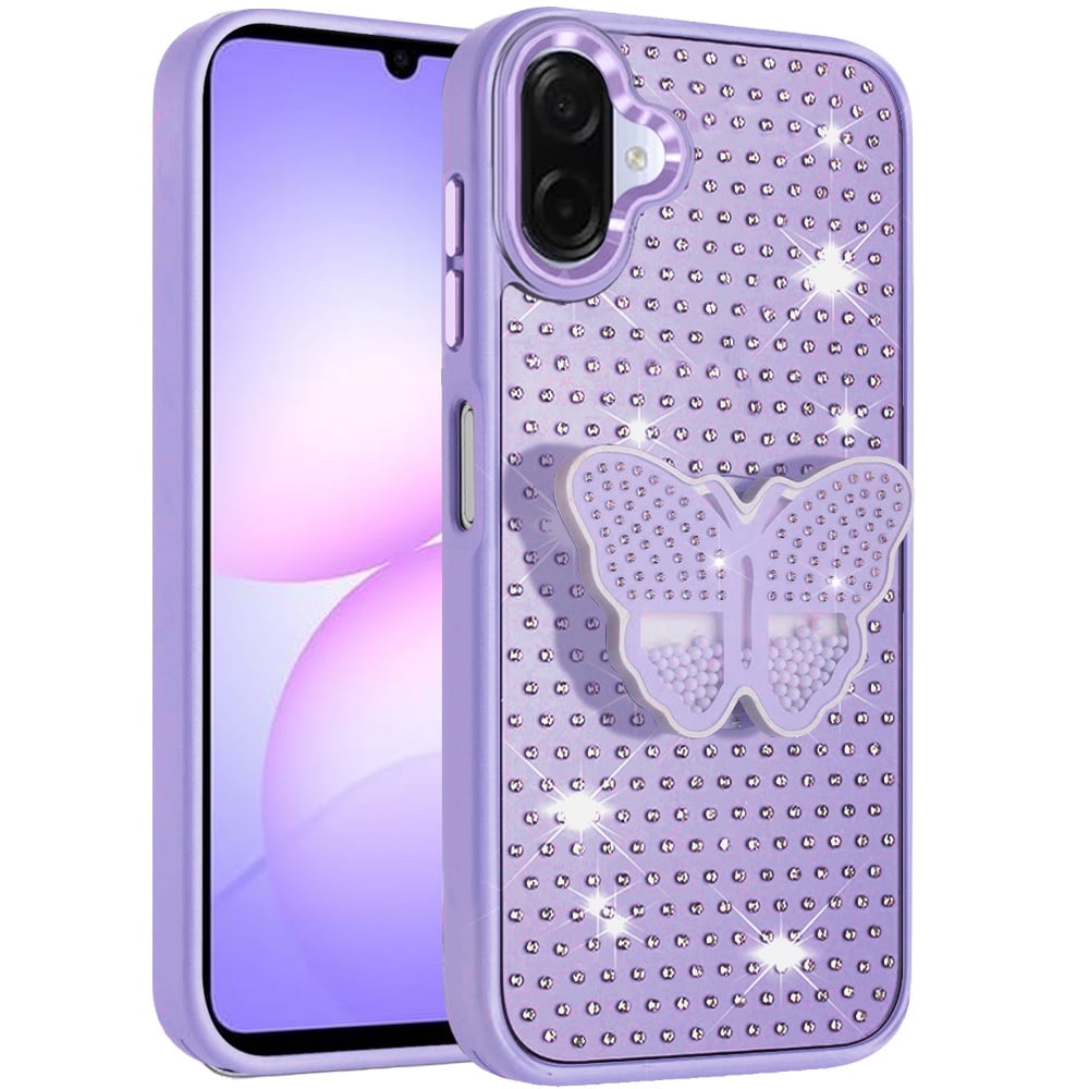For Samsung Galaxy A07 Butterfly Moveable Grip 3D Pop Stand Full Diamond Bling Sparkling TPU Fashion Hybrid Case Cover