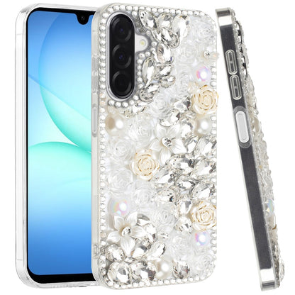 Phone Case for Samsung Galaxy A17 5G Rose Flower Full Diamond Bling Rhinestone Glitter Luxury Stylish Sparkle Protective Designer Hybrid Cover