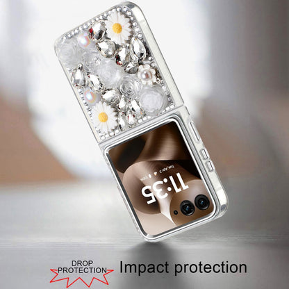 For Motorola Razr Ultra 2025 Fashion Daisy Floral Series, Full 3D Bling Crystal Diamonds Sparkling Rhinestone Glitter Hybrid Design Case Cover