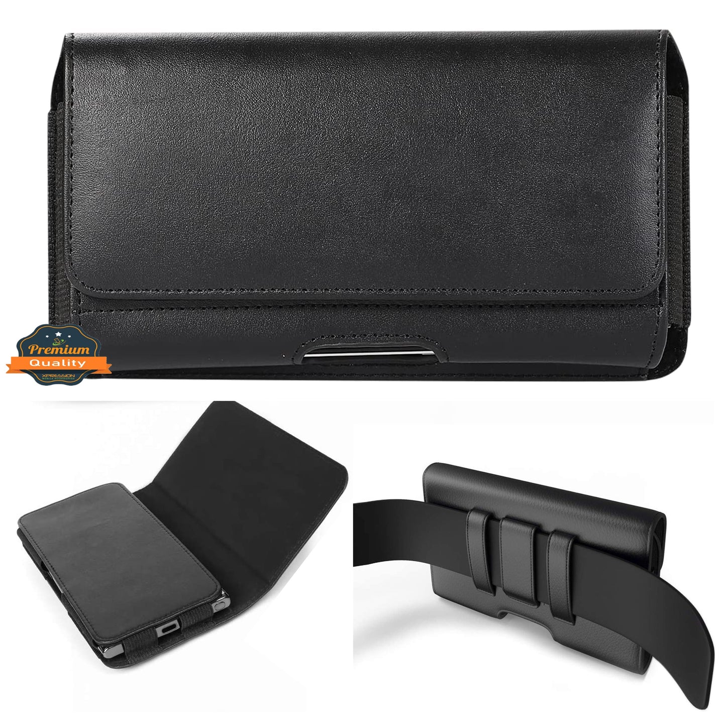 For Apple iPhone 16 (6.1") Universal Leather Belt Holster Horizontal Pouch Phone Holder with Belt Loop / Clip Waistband (Large) Cover [Black]