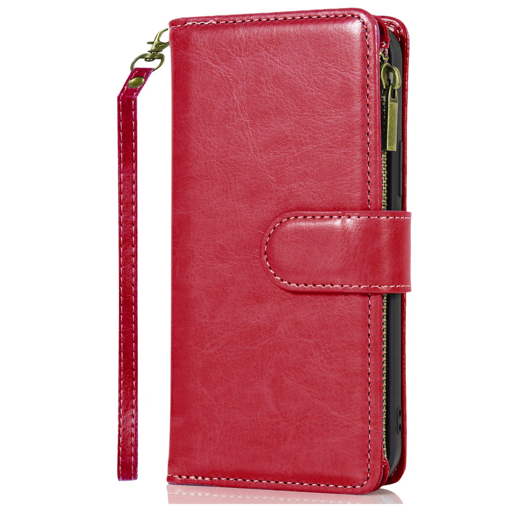 Phone Case for Samsung Galaxy S25 FE /S25 Fan Edition Luxury Leather Wallet Card Holder Zipper Pocket Money Storage Protective Grip Design with Strap Cover Red