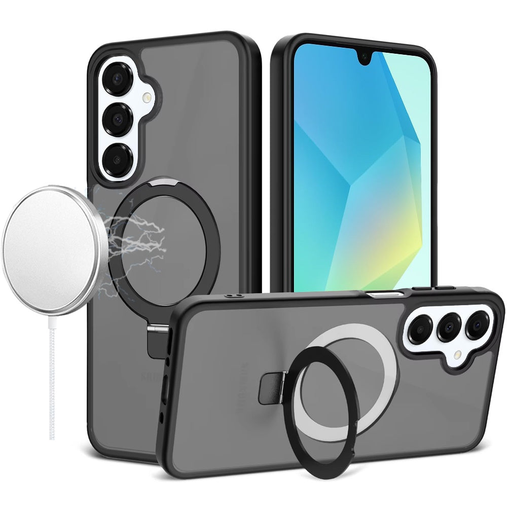 For Samsung Galaxy A16 5G Magnetic Circle Back with Ring Stand Full Rotation Matte Hybrid Shockproof Case Cover Dark Purple