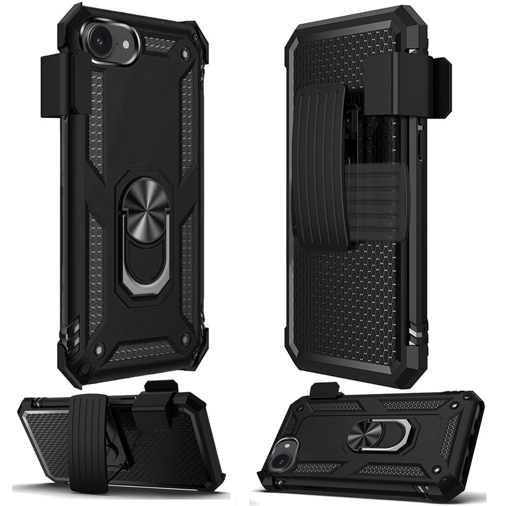 For Apple iPhone 17E /16E Hybrid Combo Belt Clip Holster with Ring Stand Holder, Military Grade Fit Magnetic Car Mount Shockproof Case Cover Black