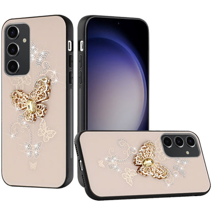 For Samsung Galaxy S24 FE Diamonds 3D Butterfly Bling Sparkly Glitter Ornaments Engraving Hybrid Metal Fashion Case Cover Gold Garden Butterflies