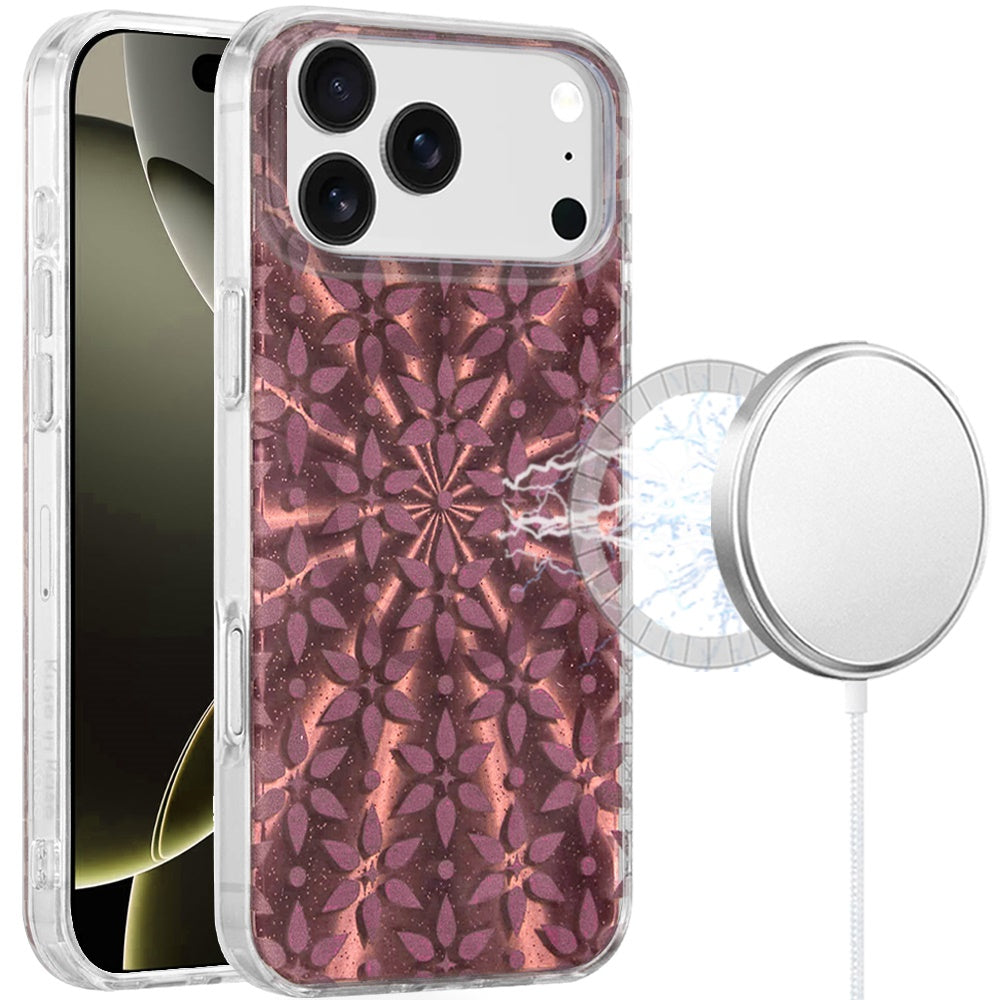 For Apple iPhone 17 Pro Max Stylish Pattern Fashion IMD Printed Design TPU Double Layer Slim Shockproof with Magnetic Back Case Cover Flowers Mandala Brown