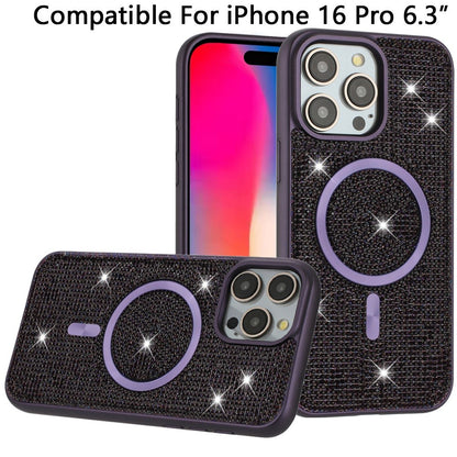 Phone Case for Apple iPhone 16 Pro Magnetic Bling Diamond Sparkle Hybrid Shockproof Rugged Grip Durable Protection Anti-Slip Armor Design Cover Purple