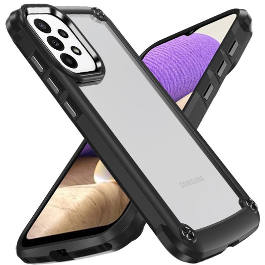 For Samsung Galaxy A32 5G Hybrid Transparent Rubber with Metal Buttons & Camera Edges Hard TPU Corner Frame Bumper Case Cover Black