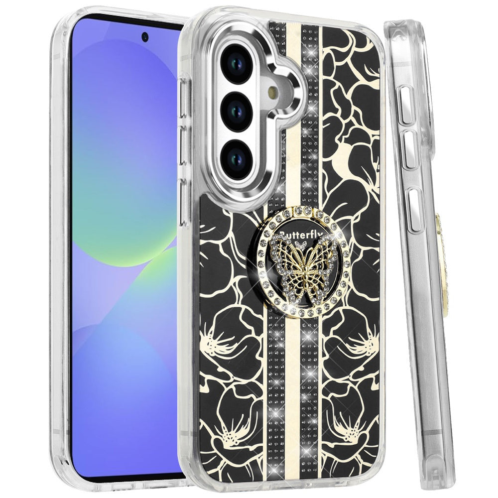 For Samsung Galaxy A36 Diamonds 3D Butterfly Floral Design Bling Sparkly Glitter Hybrid Metal Fashion with Ring Stand Case Cover