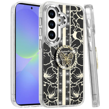 Phone Case for Samsung Galaxy A56 / A36 Floral Butterfly Ring Stand Glitter Bling Shockproof Hybrid Luxury Fashion Protective Anti Slip Durable Grip Cover