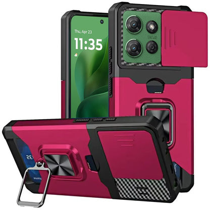 For Motorola Moto G Power 5G 2025 Wallet Case with Ring Stand & Slide Camera Cover Back Credit Card Slot Holder, Military Grade Case Cover Hot Pink