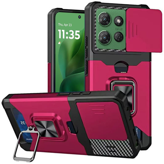 For Motorola Moto G Power 5G 2025 Wallet Case with Ring Stand & Slide Camera Cover Back Credit Card Slot Holder, Military Grade Case Cover Hot Pink