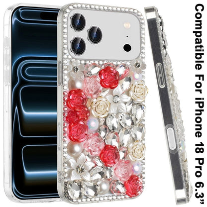 Phone Case for Apple iPhone 18 Pro/ 17 Pro Rose Flower Full Diamond Bling Rhinestone Glitter Luxury Stylish Sparkle Protective Designer Hybrid Cover