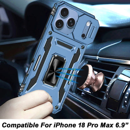 Phone Case for Apple iPhone 18 Pro Max Tough Metal Ring Shockproof Sliding Camera Window Hybrid Armor Rugged Anti Slip Heavy Duty Grip Cover Blue
