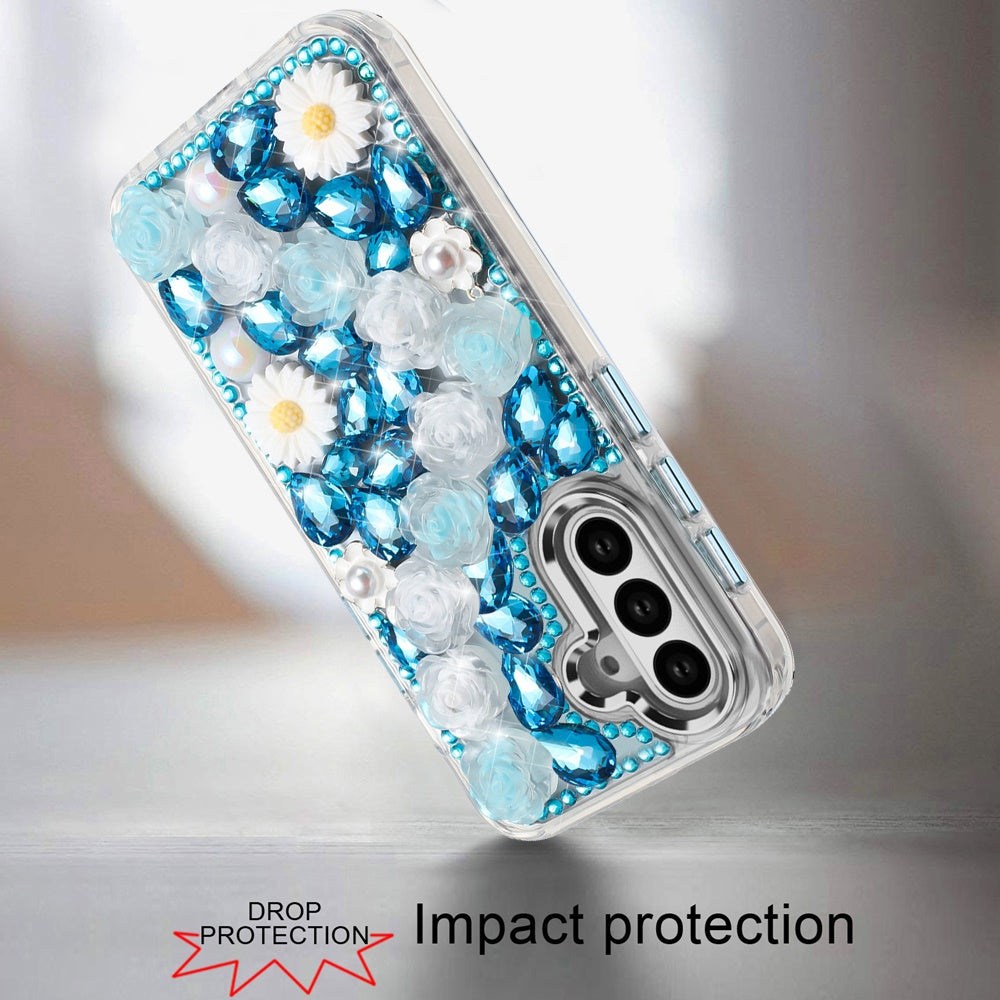 For Samsung Galaxy S23 Fashion Daisy Floral Series, Full 3D Bling Crystal Diamonds Sparkling Rhinestone Glitter Hybrid Design Case Cover Black